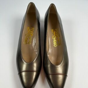 Salvatore Ferragamo Bronze Leather Cap Toe Low Heel Pumps Size 7 AAA Italy